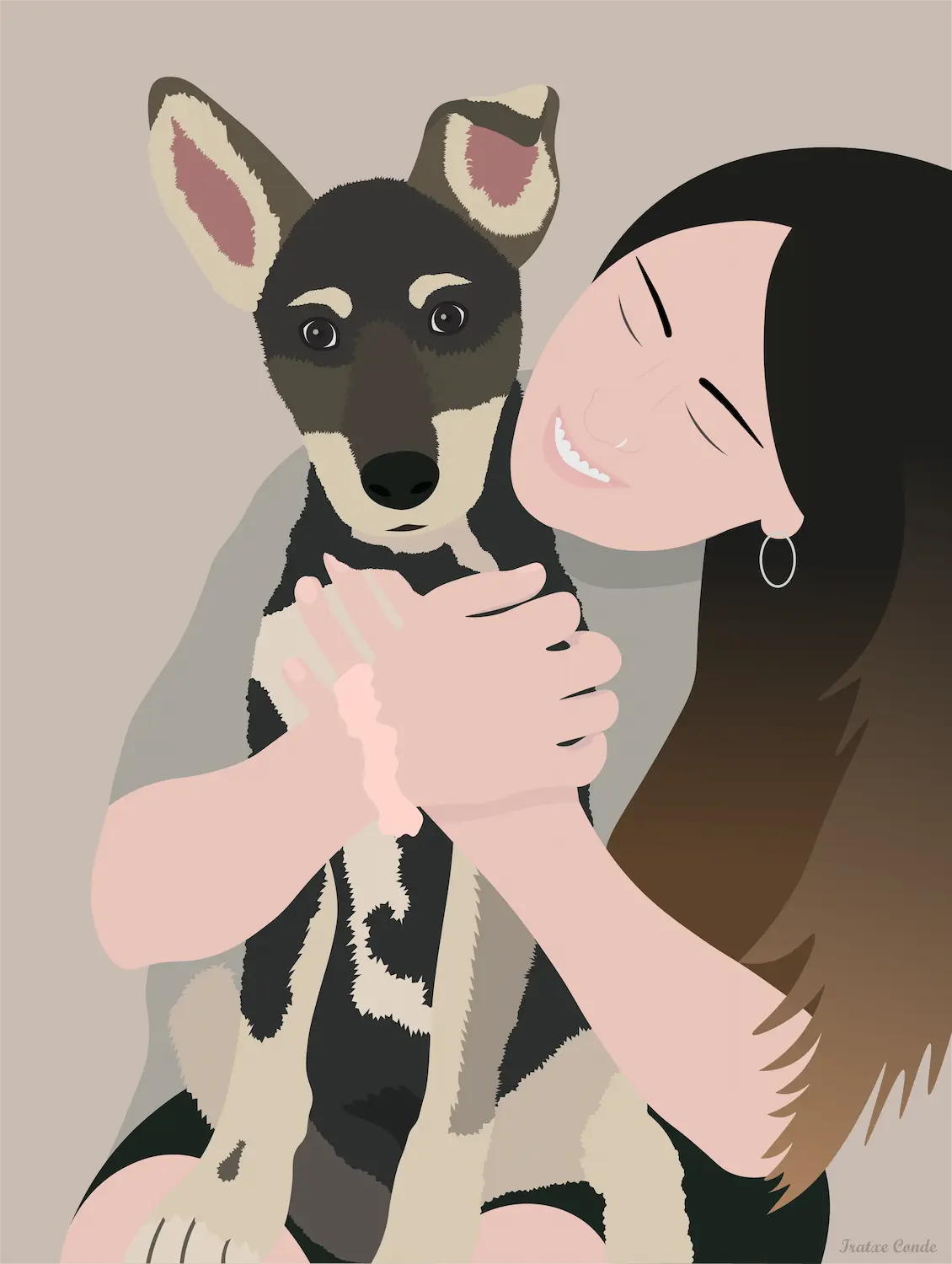 Ilustracion de una mujer con un perro agarrado.