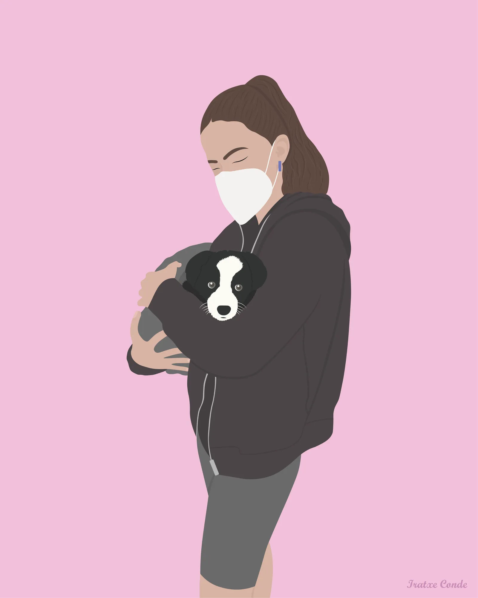 Ilustracion de una mujer con un perro en brazos.