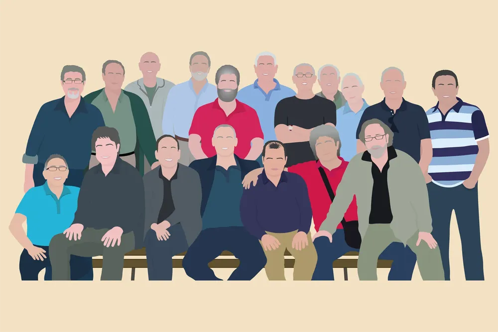 Ilustración digital de un grupo de adultos. Hay mas de 20 personas. Estan sobre un fondo de color pastel.