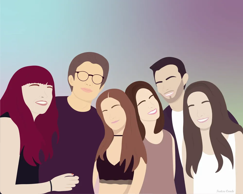 Ilustración digital de un grupo de jovenes amigos.
