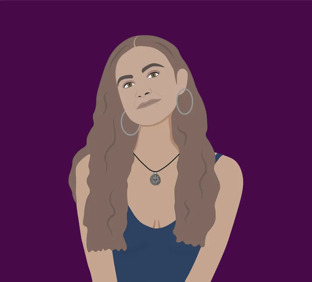 Ilustración digital de Iratxe conde con vista frontal. La mujer tiene pelo largo castaño semi rizado con una blusa azul.