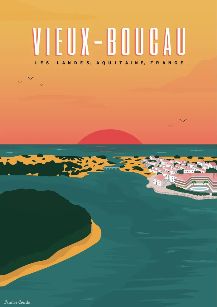 Ilustración digital de un lago y mar inspirado en el pueblo francés Vieux Boucau.