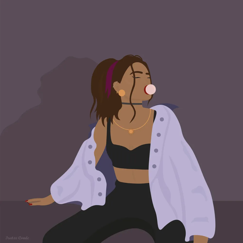 Ilustración digital de una mujer sentada en el suelo con un chicle en la boca, chaqueta vaquera, top y pantalón.