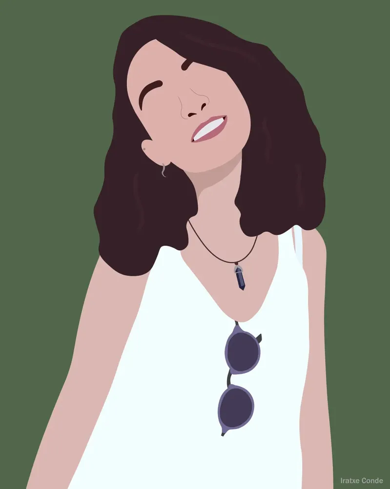 Ilustración digital de una mujer  con pelo largo oscuro. llevando un top blanco. Con unas gafas de sol colgando de su camiseta. Y un colgante en el cuello. Sobre un fondo verde oliva.