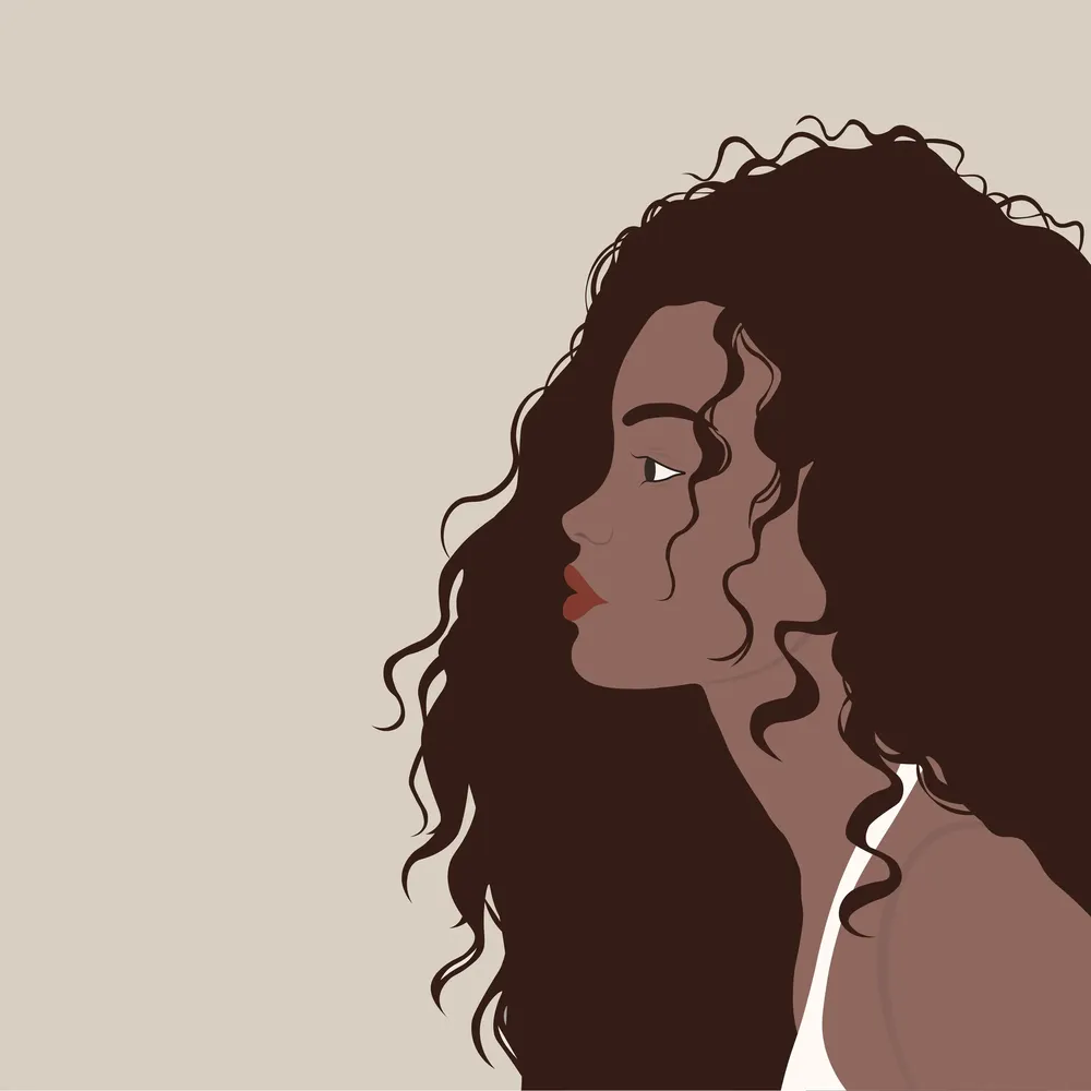 Ilustración digital de una mujer morena con pelo rizado de perfil sobre un fondo pastel.