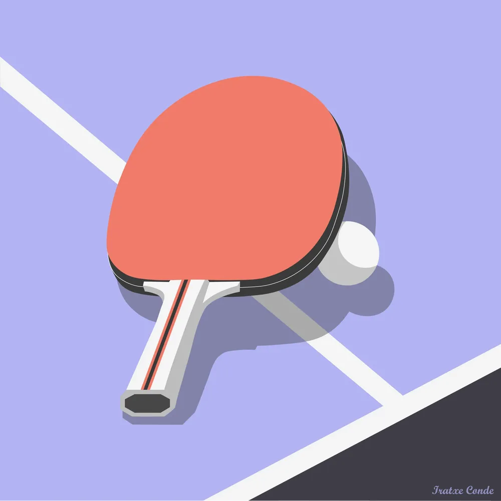 Ilustracion digital a todo color de una pala de ping pong con una pelota sobre una mesa de ping pong, ilustrado por Iratxe Conde Turon.