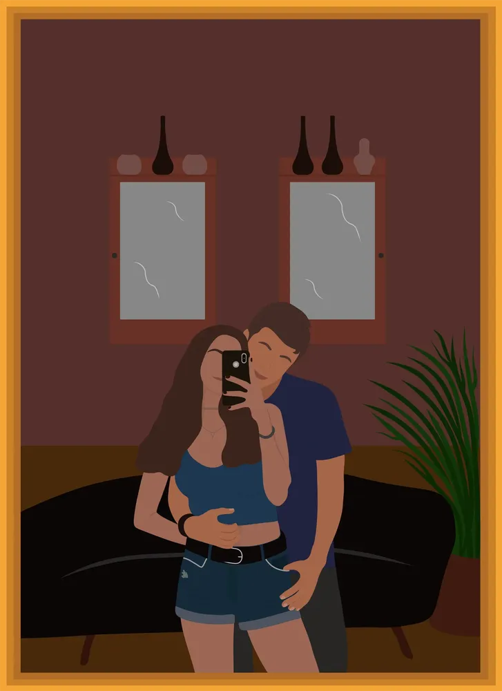 Ilustración digital de una pareja abrazándose cariñosamente frente a un espejo mientras se toman un selfie.