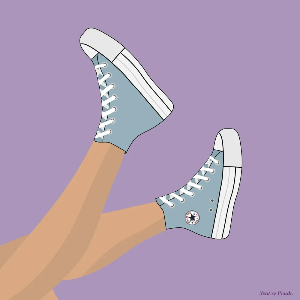 Ilustración digital de los pies con zapatillas Converse azules y cordones blancos.