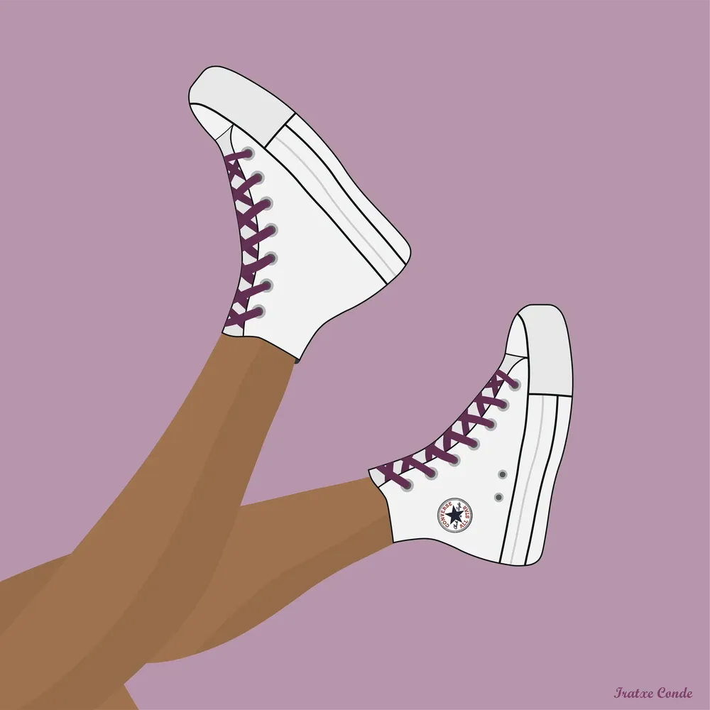 Ilustración digital de los pies con zapatillas Converse blancas y cordones granates.