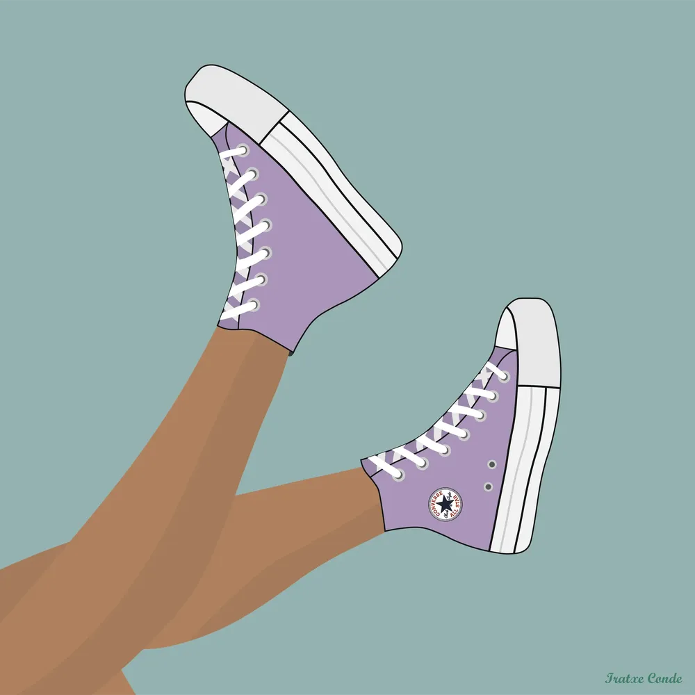 Ilustración digital de los pies con zapatillas Converse moradas y cordones blancos.
