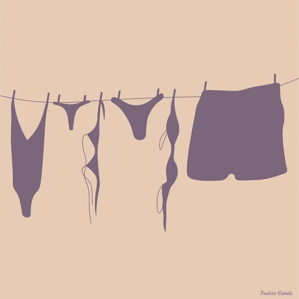 Ilustración digital de prendas de baño colgadas en una cuerda con pinzas. Se ven dos bikinis y dos bañadores.