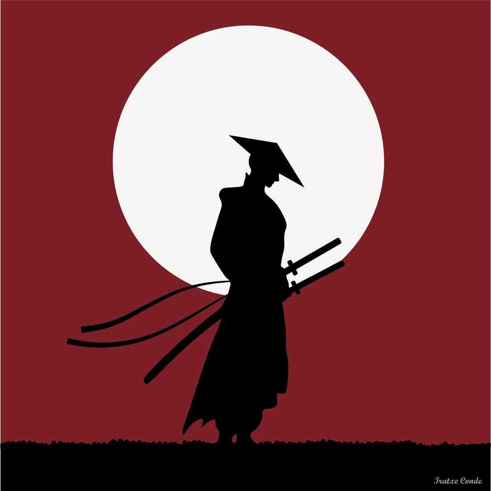 Ilustración digital de un samurái japonés con una luna blanca al fondo sobre un fondo granate. El samurái sostiene una espada.