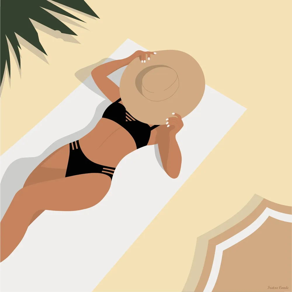 Ilustración de una mujer en bikini en la playa, cubriéndose con una pamela.