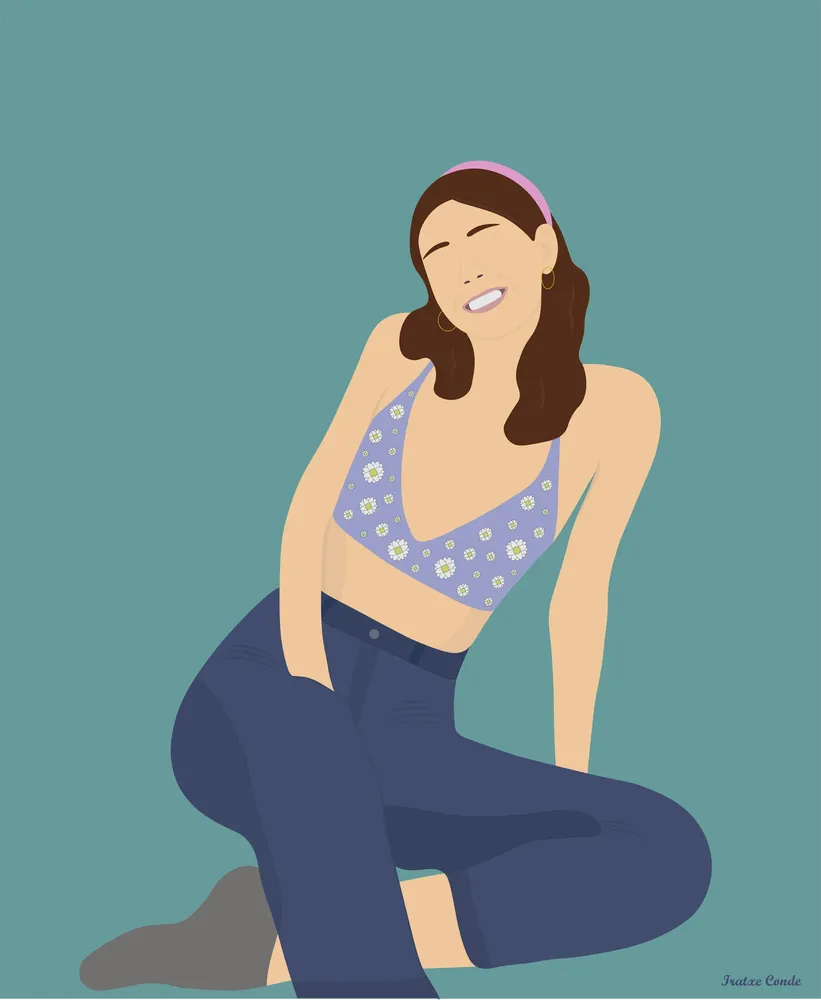 Ilustración de una mujer sentada con pantalones vaqueros, un top con flores y una diadema, sobre un fondo cian desaturado.