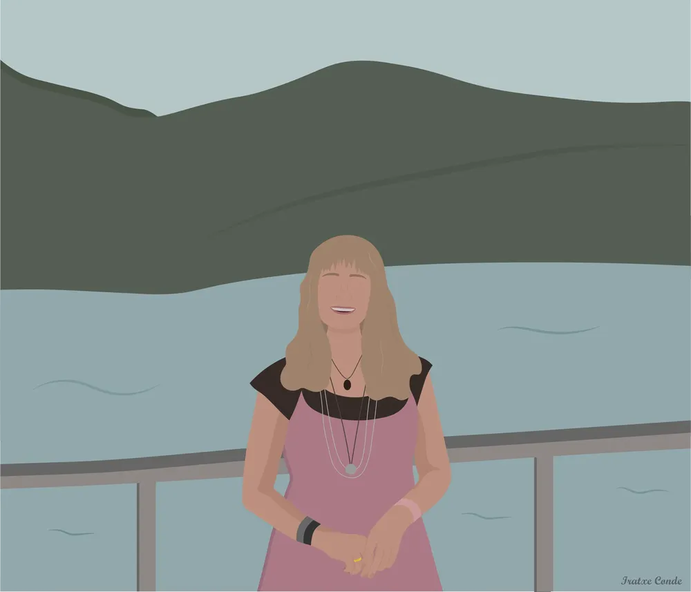 Ilustración de una mujer con vestido rosa y cabello rubio. Al fondo hay un lago y montañas.