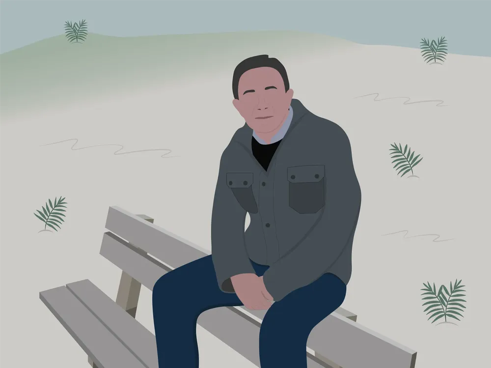 Ilustración de una persona adulta sentada sobre un banco en una duna con helechos al fondo.