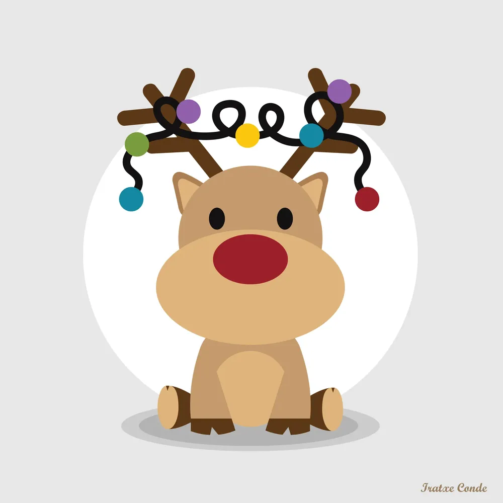 Ilustración de un pequeño reno sentado con cuernos y luces de navidad atadas en los cuernos.