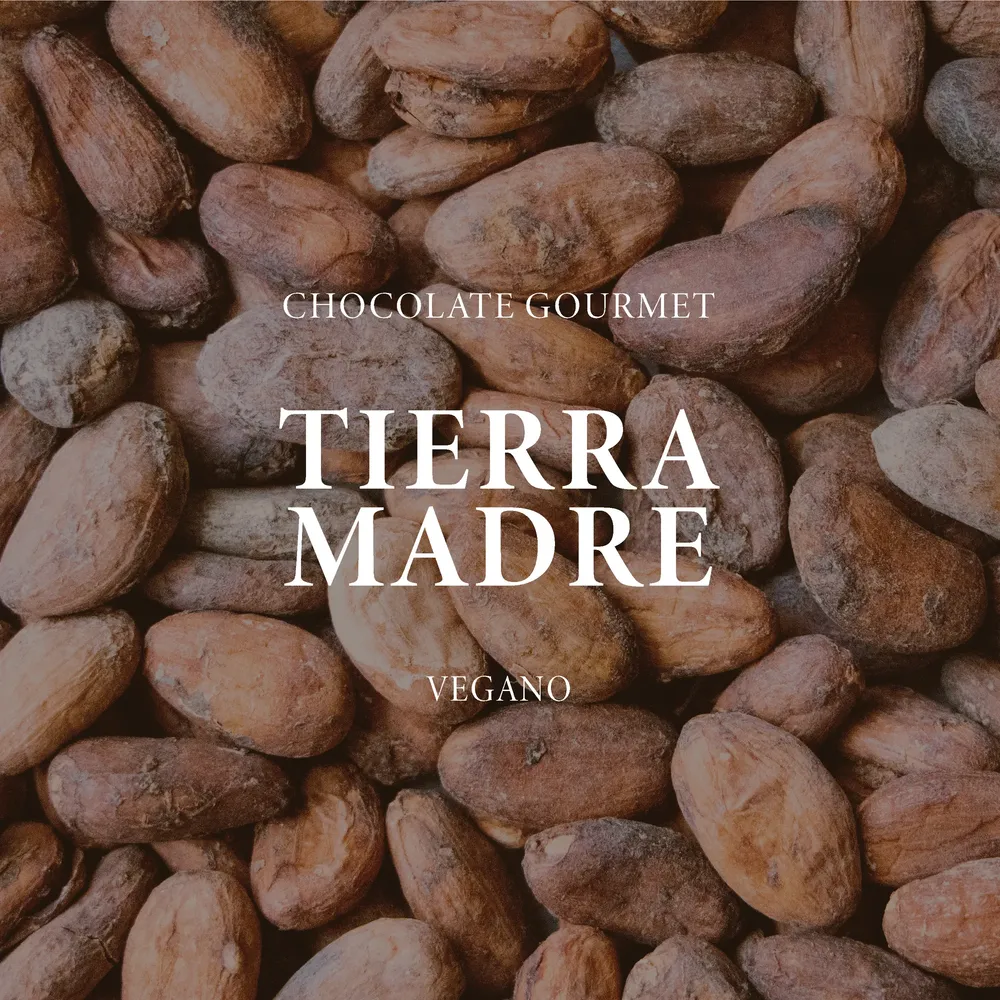 Logo de Tierra madre sobre unos granos de cacao.