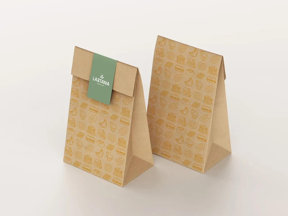 Mockup de una bolsa de papel sin asas con el logo de Laztana impreso en su parte frontal para branding en Bilbao.