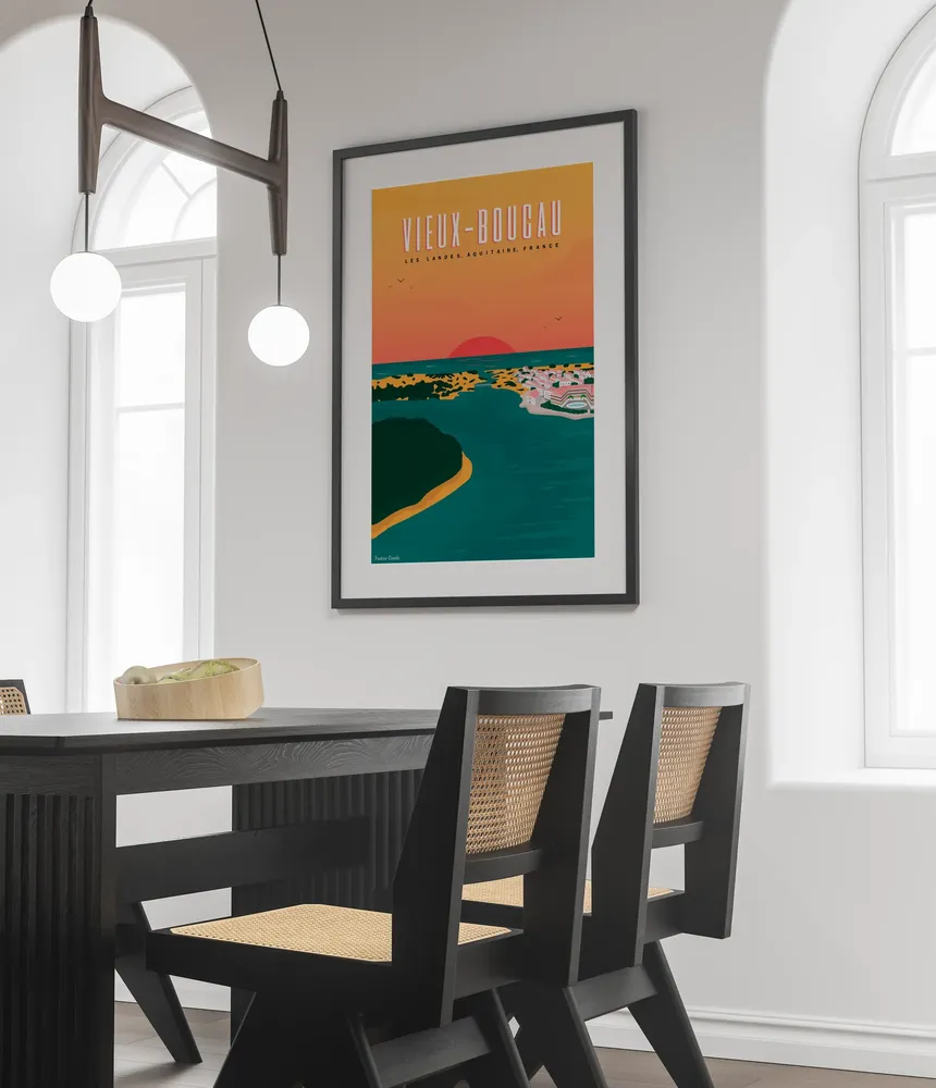 Mockup de un cuadro en un comedor moderno con una ilustración digital de un lago y mar inspirado en Vieux Boucau.