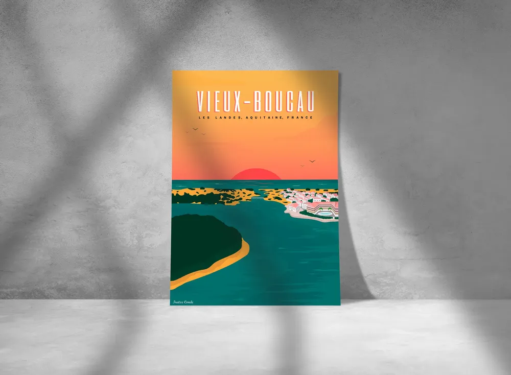 Mockup de un cuadro con una ilustración digital de un lago y mar inspirado en Vieux Boucau.