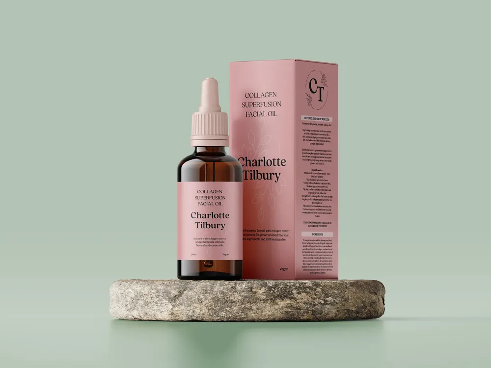 Mockup de cuentagotas con líquido similar al maquillaje y packaging