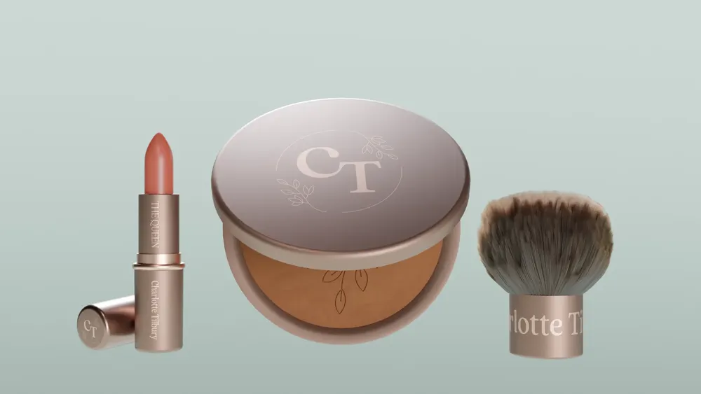Mockup de lápiz labial, maquillaje en polvo y pincel de Charlotte Tilbury