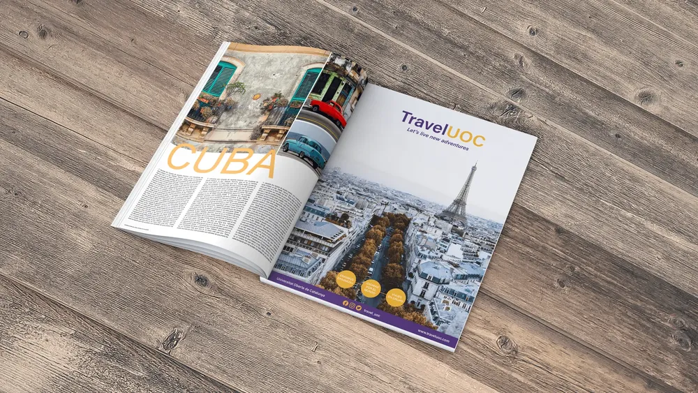 Mockup de revista para una marca de viajes imaginaría de la UOC. En esta iamgen se ve una imagen en la que se ve Cuba y otra en la que se ve Paris.