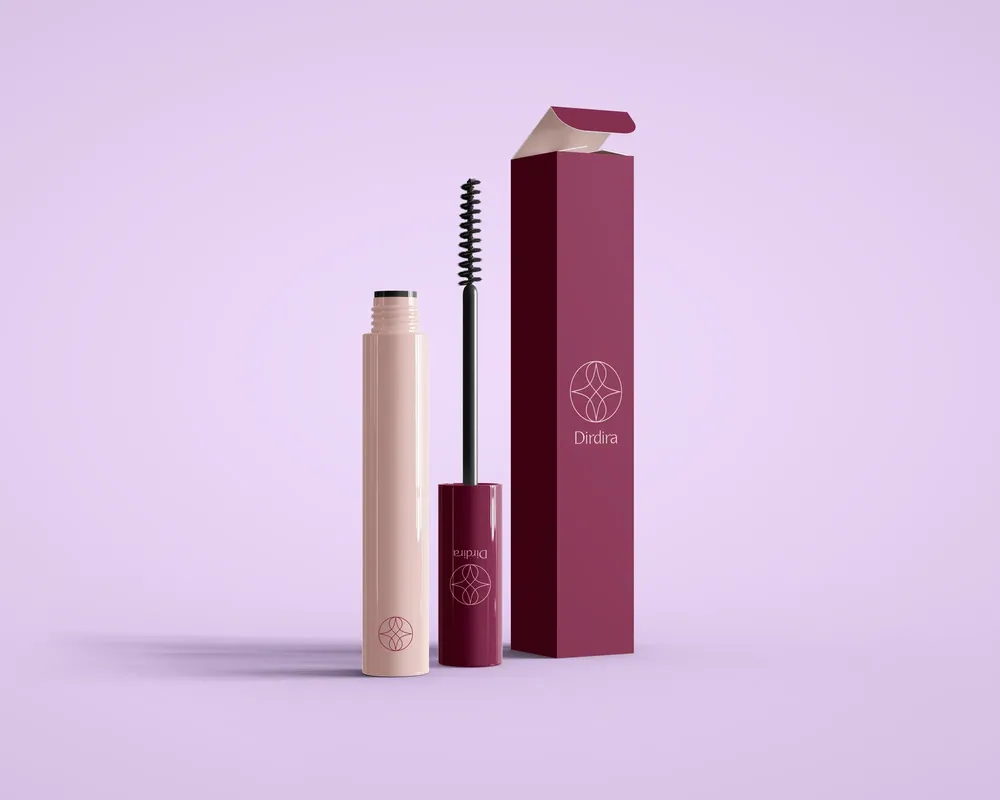 Mockup de un rímel para pestañas con diseño minimalista de la marca Dirdira
