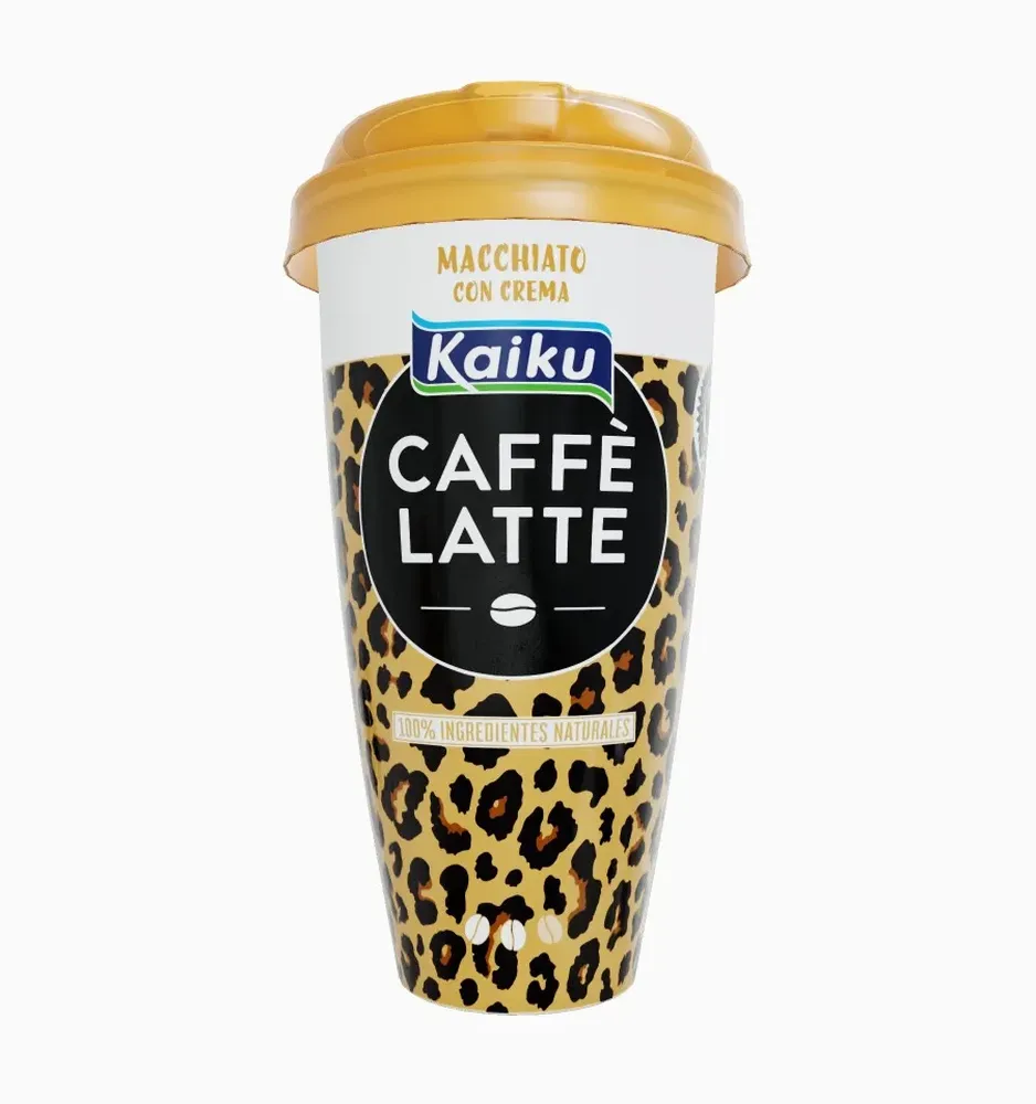 Mockup de vaso cappuccino kaiku caffe latte con un patron leopardo diseñado por Iratxe Conde.