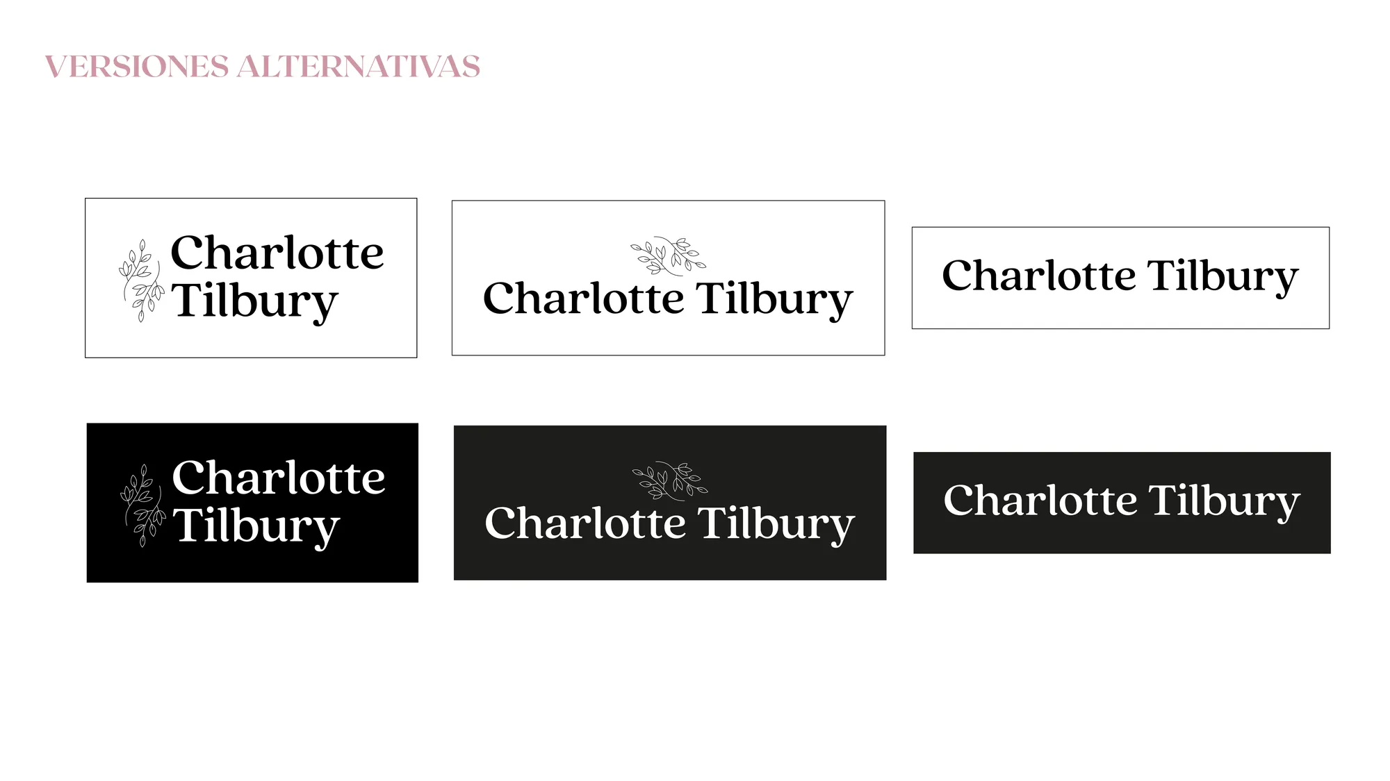 Variaciones de logotipos de Charlotte Tilbury en blanco y negro Variaciones de logotipos de Charlotte Tilbury en blanco y negro, incluyendo opciones alternativas